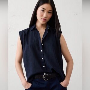 Banana Republic Navy Sheer Cotton Button-Up Blouse Sleeveless Size L